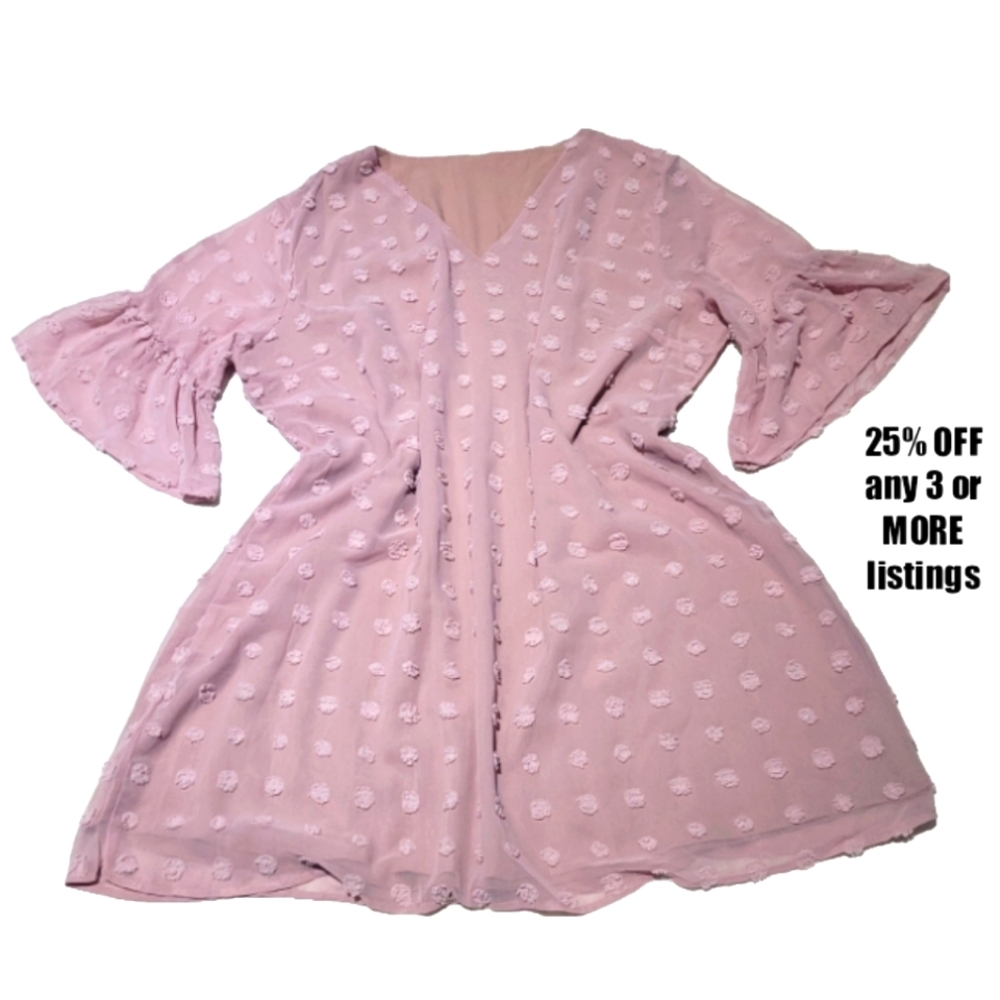 Fuzzy Polka Dot Sheath Size 3X Flowy Short Sleeve V-neck Slip On Cocktail Dress